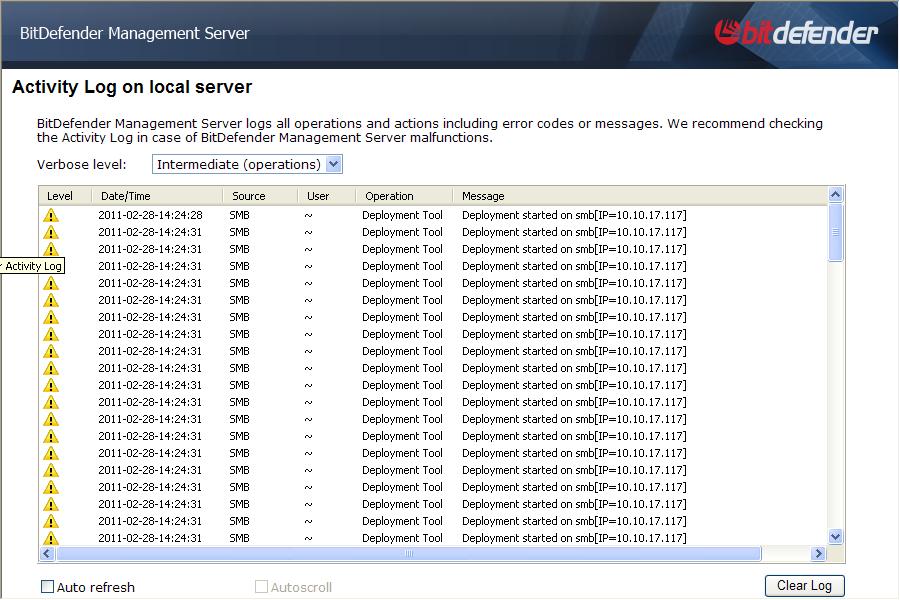 20. Examining the Server Activity Log Bitdefender Management Server logs all its operations and actions, including error codes and messages.