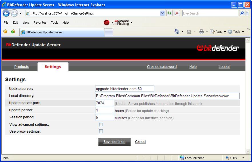 32.4. Configuring Settings To configure the Bitdefender Update Server settings, access the management panel and click Settings in the upper menu. A new page is displayed.
