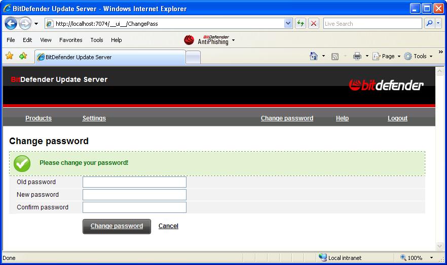 32.5. Changing Login Password To change the login password, access the management panel and click Change Password in the upper menu. A new page is displayed.