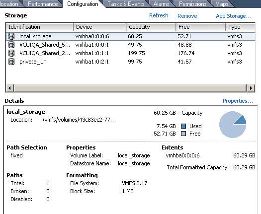 Chapter 6 Managing ESX Server Systems That Use SAN Storage Figure 6-1. Datastore details Extent 4 Click Properties to view and change properties.
