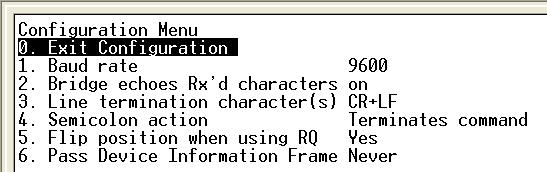 Configuration Menu: d. OPTIONAL: change the Baud Rate. 1. Press the 1 key OR use an arrow key to select the Baud rate entry in the Configuration Menu, then press the Enter key. 2.