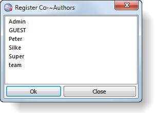 USER MANAGEMENT 32 Figure 17: Registering co-authors Select one one more authors from the list and click OK. A message pops up informing you who is registered as co-authors for the currently loaded.
