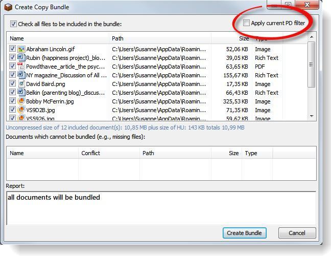 PROJECT BACKUP 49 Figure 32: Copy Bundle Window: Pack & Go The first list shows all documents that will be included in the bundle.