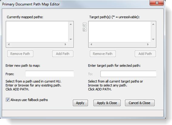 PROJECT BACKUP 55 Enter a path to be mapped: Figure 36: Document Path Map Editor Into the From: entry field on the left side of the Path Map Editor, type in either the full path, select a path from