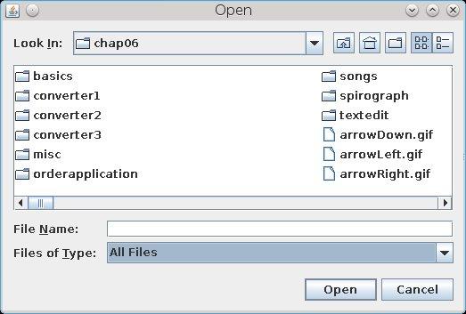 JFileChooser A file chooser is a specialized dialog box used to select a file from a disk or other storage medium. The dialog automatically presents a standardized file selection window.
