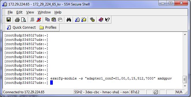 In SSH Secure Shell client window run the following command to specify the setting for SR-IOV adapter: esxcfg-module s adapter1_conf=<bus>,<dev>,<func>,<num>,<fb>,<intv> amdgpuv The configuration is