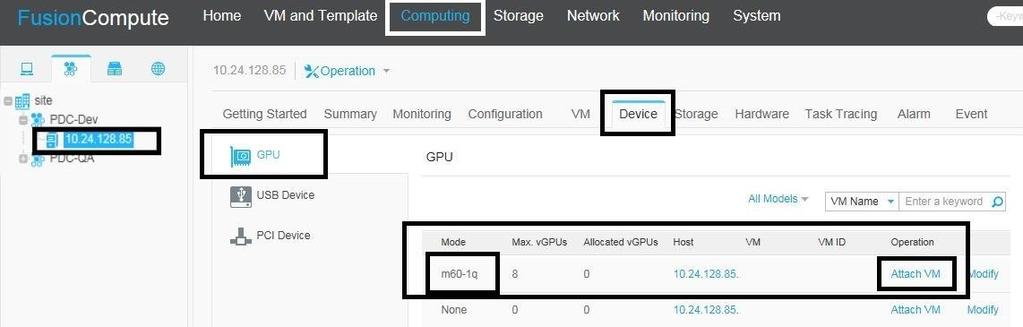 Installing and Configuring NVIDIA GPU Manager b) In the host navigation tree, select the Huawei UVP server host. c) Click the Device tab and on the Device tab, select GPU.