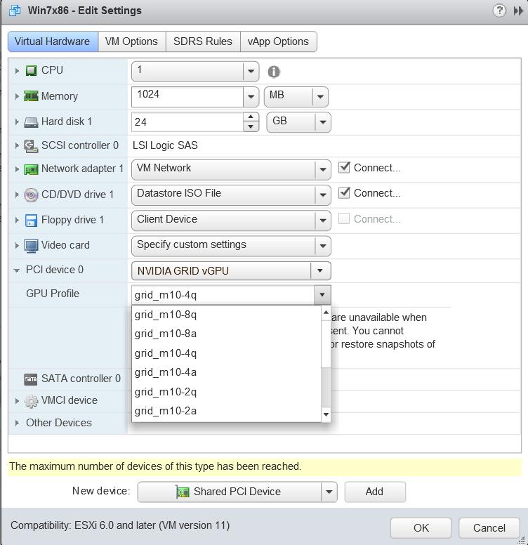 Installing and Configuring NVIDIA GPU Manager Figure 9 VM settings for vgpu From the GPU Profile drop-down menu, choose the type of vgpu you want to configure and click OK. 6.