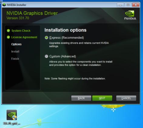 Installing the NVIDIA vgpu Software Guest VM Display Driver Figure NVIDIA driver installation in the guest VM Click through the license agreement. Select Express Installation and click NEXT.