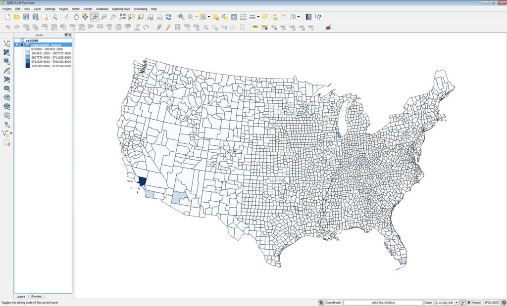 8. The color ramp may differ but your map should resemble Figure 8. QGIS has divided the data values into 5 groupings, and applied a color ramp across the categories.