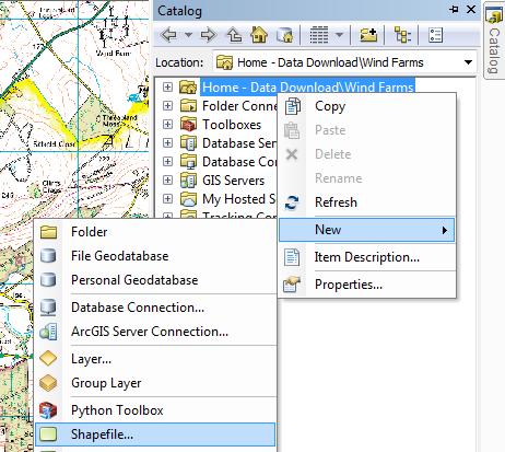 CREATE SHAPE FILE AND ADD POINTS Now let s create a new, empty shape file. 1. Start ArcCatalog on the right of ArcMap. 2. Navigate to the folder Wind Farms exercise data > Wind Farms in Great Britain.