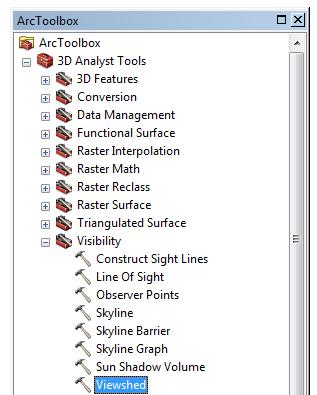 CONDUCT VIEWSHED ANALYSIS 1. Open ArcToolbox. 2. Select 3D Analyst Tools > Visibility > Viewshed.