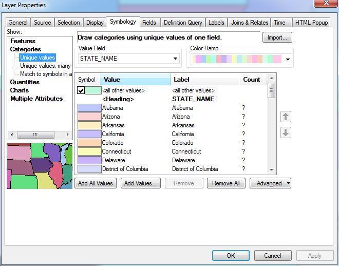 For the Value Field select STATE_NAME. Click Add All Values. Click OK to apply the settings and close the window. Notice that each state is displayed by a unique color.