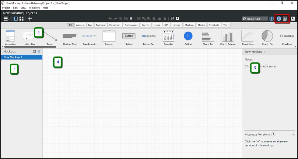 As shown in the above screenshot, the user interface for Balsamiq is divided in the four following parts.