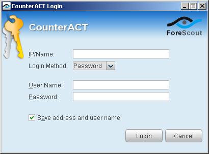 Log In After completing the installation, you can log in to the CounterACT Console. 1. Select the CounterACT icon from the shortcut location you created. 2.