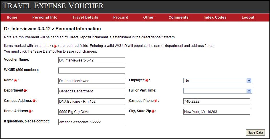 Enter the WKU email address of the person creating the voucher for you, then click on Save Data.