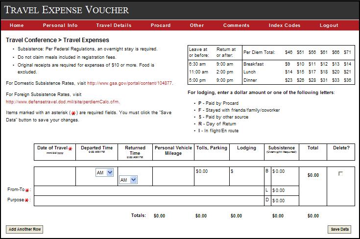 To complete the information for travel dates, destination, purpose, mileage, parking, lodging, and meals, click on the Travel Details tab in the red bar.