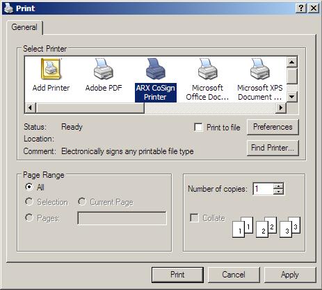 Select File > Print. The Print dialog box appears (Figure 1 displays the standard Print dialog box that appears in Word) Select ARX CoSign Printer as the printer.
