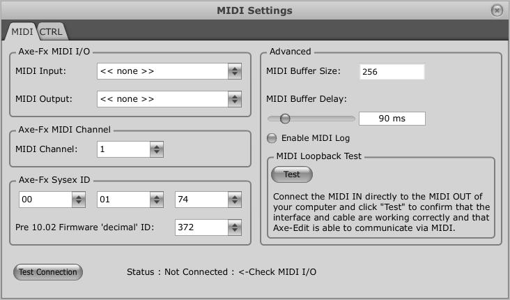 In the MIDI settings window, choose your MIDI Input and MIDI Output devices by name. If you are using the Axe-Fx on a non-default MIDI channel, select that value; otherwise, leave it set for 1.