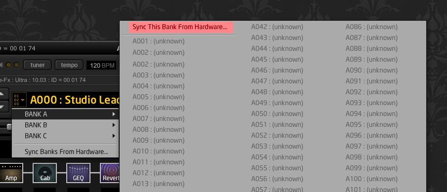 AXE-FX SYNC When using the Axe-Fx SOURCE, it is recommended that you perform a SYNC so that program names can be displayed in Preset Selection menus.
