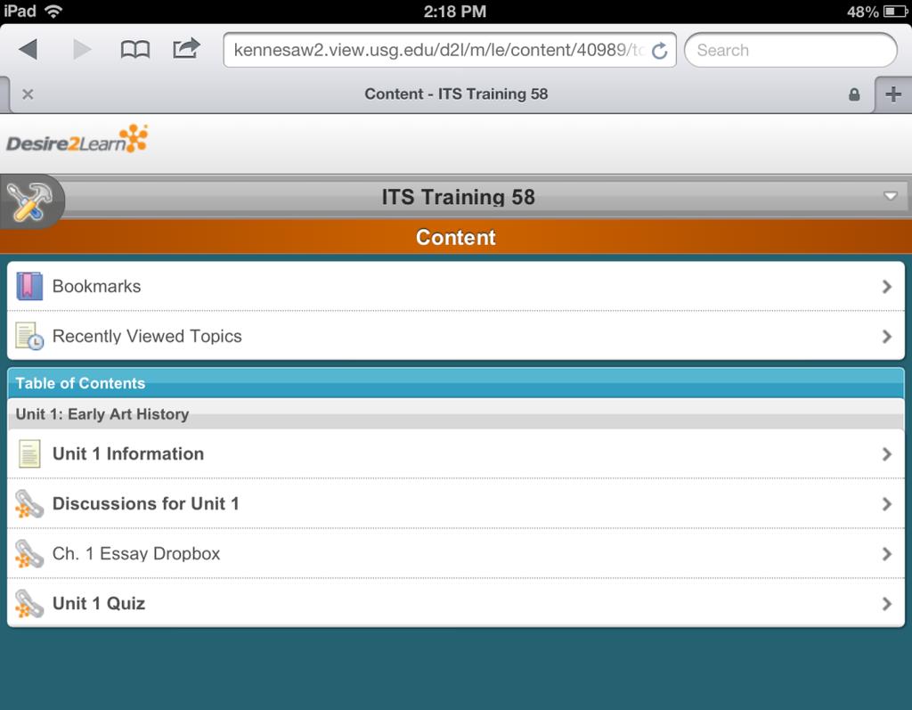 your standard computer. Figure 7 shows the Content area for a sample course. Touch any item in the Content area to open it on your device.