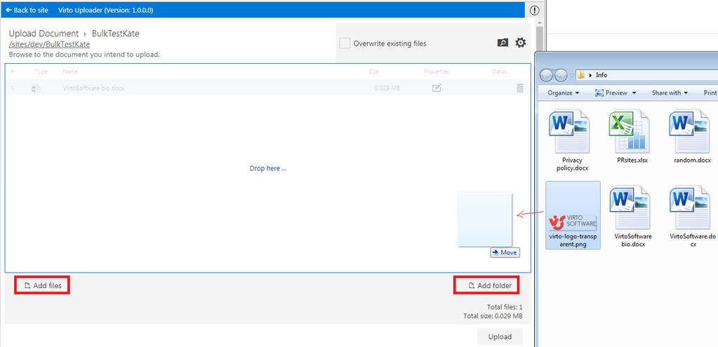 You can upload files to SharePoint with drag-and-drop feature or by clicking on Add file or Add folder buttons. You can use Remove button opposite the files you decided not to upload.