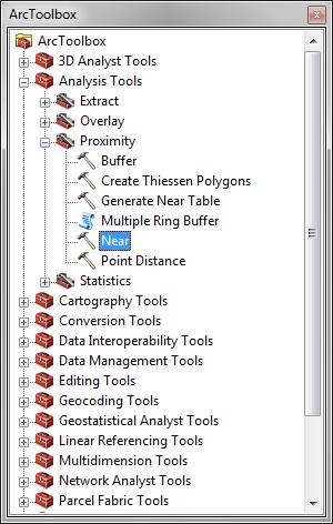 3. Calculate distance to Nearest river. a. In ArcToolbox, go to Analysis Tools Proximity Near. b.