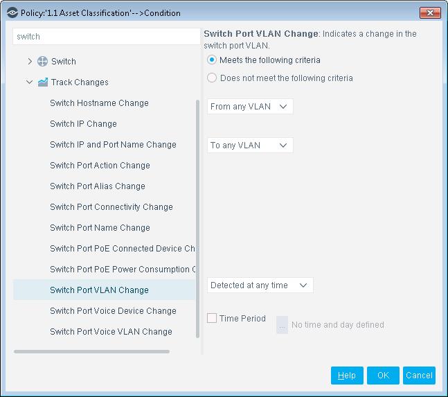 Policy change properties to use with the Switch Plugin are described in the following table: Property SGT Change Switch Hostname Change Switch IP/FQDN and Port Name Change Switch IP/FQDN Change