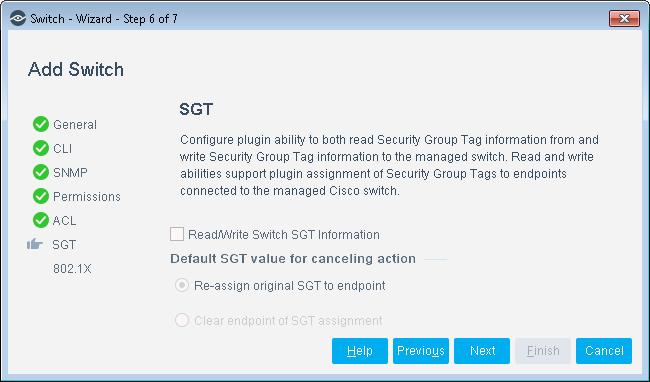 To configure plugin performance of SGT-related processing on the managed Cisco switch: 1. In the SGT pane/tab, enable the Read/Write Switch SGT Information. 2.