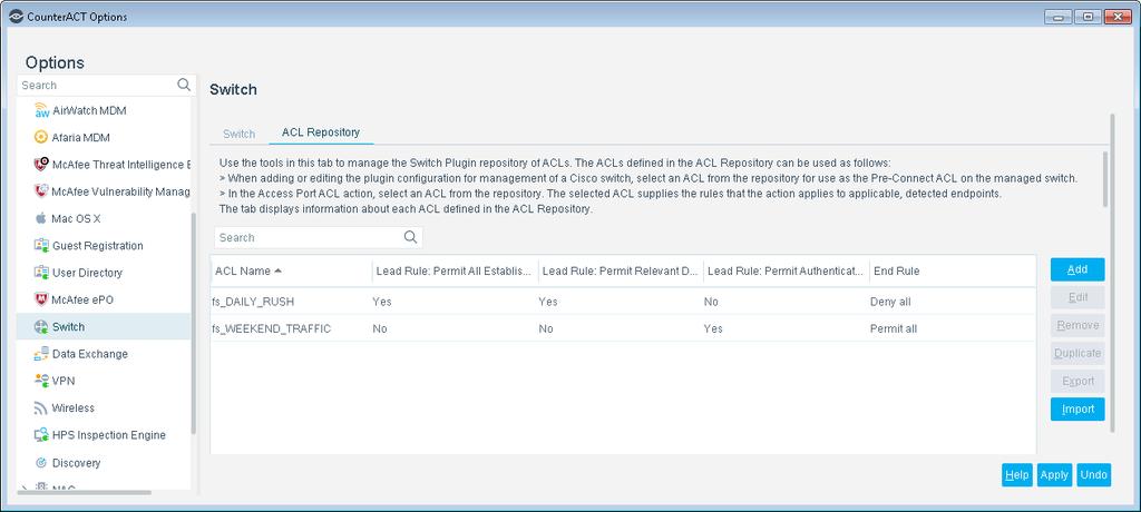 The tab provides the following repository management capabilities: Add - define a new ACL in the repository Edit - edit an existing repository ACL Remove - delete an ACL from the repository Duplicate