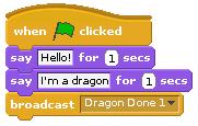 The problem is to figure out how to make Alonzo say this at the right time. If you had him say it when the green flag was pressed, he d be talking at the same time as the dragon (try it!).