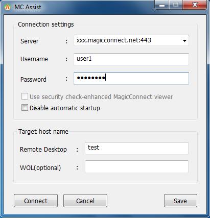 Desktop, and enter the MC3000 host name* in WOL (optional). *Each host name is the name displayed under HOST in the main window of MagicConnect viewer. WOL Click Save.