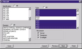 Fig. 4 A further example of a dialog box. Choose the required aircraft related parameters The displayed fields are tailored to match the chosen report.
