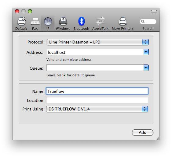 116 Default settings of Mac OS X Trueflow DTP Output Guideline The 14th Edition 3. Make the settings for "IP" in the displayed dialog box. Click "Add" to complete the settings.