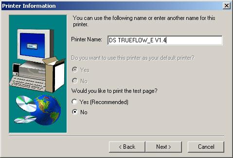 Installing and setting up Default settings of Windows XP 119 V. Printer Information [ Printer name ] : "DS TRUEFLOW_E V1.4" is specified for the printer name as a default.