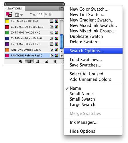 Technical information on PDF workflow Specification of spot colors 35 I. [Swatch Options] setting Icons on the Swatches palette Convert the colors in the document using "Swatch Options". 1.