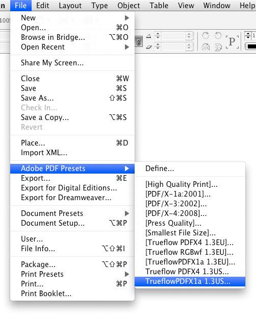 52 Creating PDF/X Files in InDesign CS2 - CS5 Trueflow DTP Output Guideline The 14th Edition PDF Export (when using Joboption for Trueflow PDF/ X-4 with CS3 - CS5) 1.