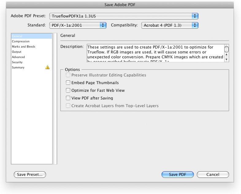 56 Creating PDF/X Files in Illustrator CS2 - CS5 Trueflow DTP Output Guideline The 14th Edition I. General *1) In case of CS3, [Standard] is displayed as "PDF/X-4:2007" instead of "PDF/X-4:2008".