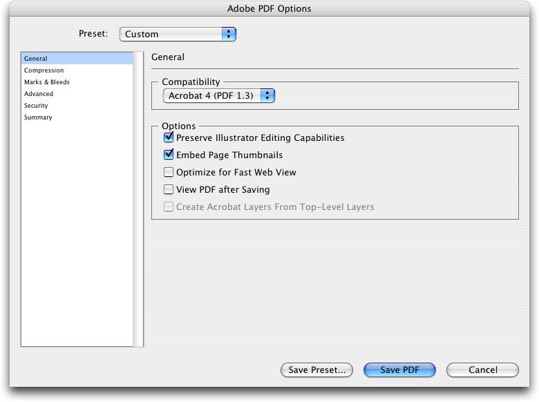 Running PDF/X Creating PDF1.3 Files in Illustrator CS 61 Adobe PDF Preset Options I.