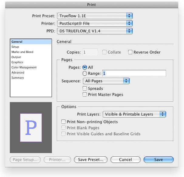 70 Creating PostScript Files in InDesign CS2 - CS5 Trueflow DTP Output Guideline The 14th Edition I. General Pages Options Make the settings as necessary.