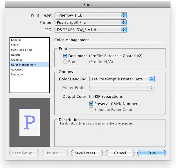 72 Creating PostScript Files in InDesign CS2 - CS5 Trueflow DTP Output Guideline The 14th Edition V. Graphics ( Do not change this. ) VI.