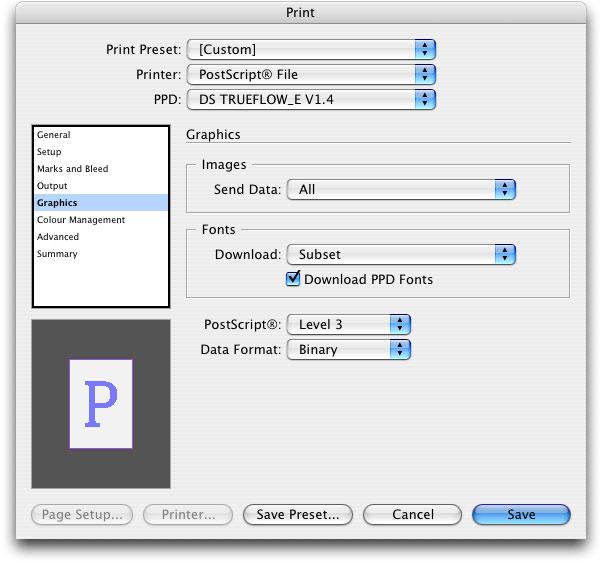 Running PostScript Creating PostScript Files in InDesign CS 79 V. Graphics ( Do not change this. ) VI. Color Management Normally, the color management setting area is grayed out.