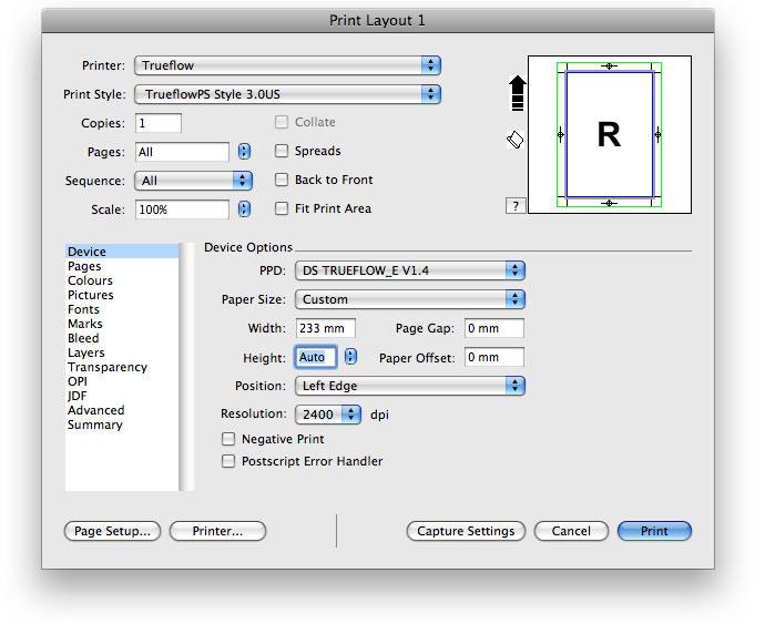 Running PostScript Creating PostScript Files in QuarkXPress 7.0 / 8.0 81 II. Device Paper Size setup Set "Auto" for both "Width" and "Height".