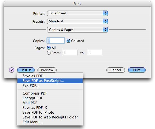 Running PostScript Creating PostScript Files in QuarkXPress 6.5 87 Print dialog box The description below is given using screen shots of Mac OS X 10.6. The setting procedure is the same if you use 10.