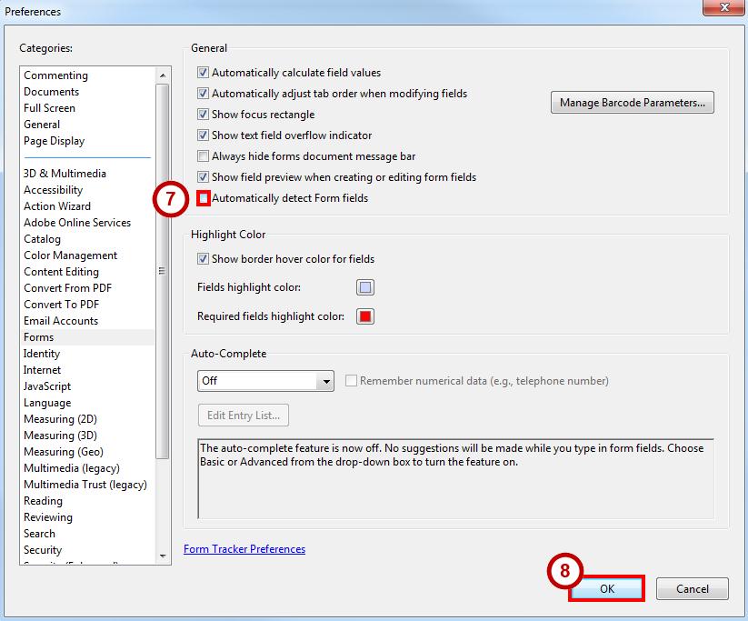 7. The Preferences window will appear. Un-select the checkbox next to Automatically detect Form Fields (See Figure 16). 8. Click OK (See Figure 16).