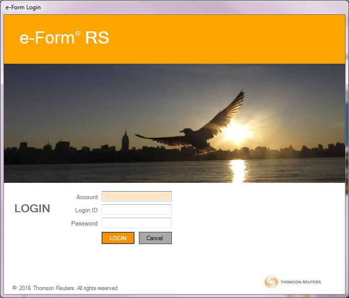 1. Open your Internet browser and type the Internet address https://eformrs.com in the Address field. 2. Click Enter to display the e-form RS login screen: 3.