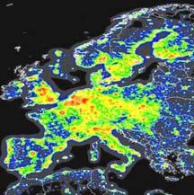 Map of artificial sky brightness over Europe. This is an effective tool for measuring light pollution: brightness of lights on ground affect ability to see starlight. Black: many stars visible.