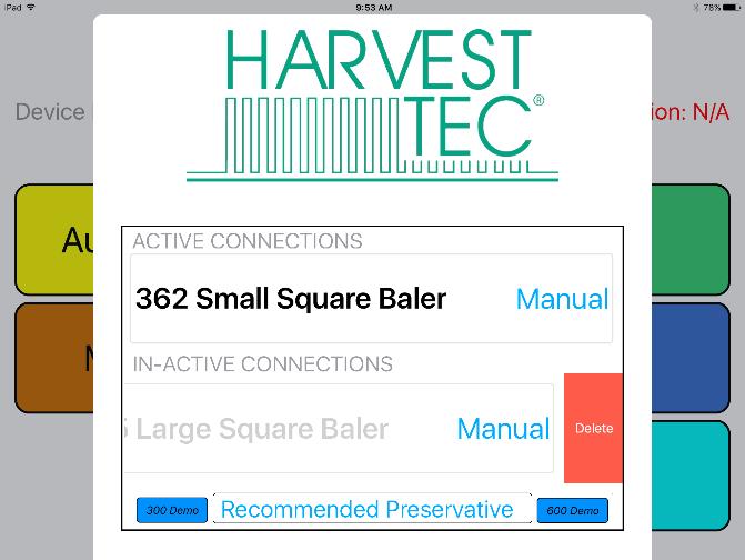 Operating the Harvest Tec ipad App After installation of the Bluetooth Receiver (030-6672A) on to the applicator system, attach the power cord 006-3650T to supply power.