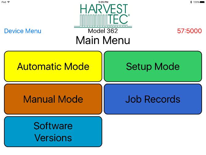 Operating the Harvest Tec ipad App (continued) Once you have selected the baler you want to connect with from the Device Menu, the applicator main menu will display (below).