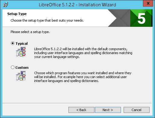 Configuring Support for Office and PDF-Documents 3. Select Typical and click Next. The Ready to Install the Program dialog opens. 4. Make sure the option Load LibreOffice 5.1.2.